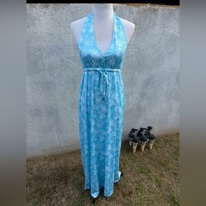 Reyn Spooner Brrr Hihipea Maxi Halter Hawaiian Dress Women's Medium Blue